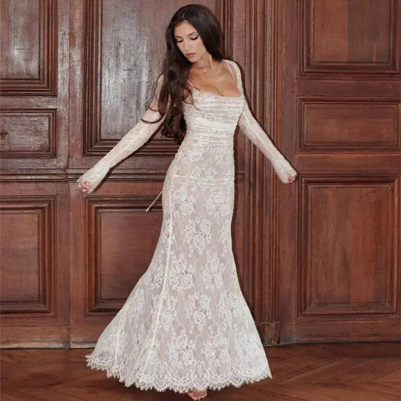 Lace Embroidered Mesh Sling Maxi Dress Party Attire