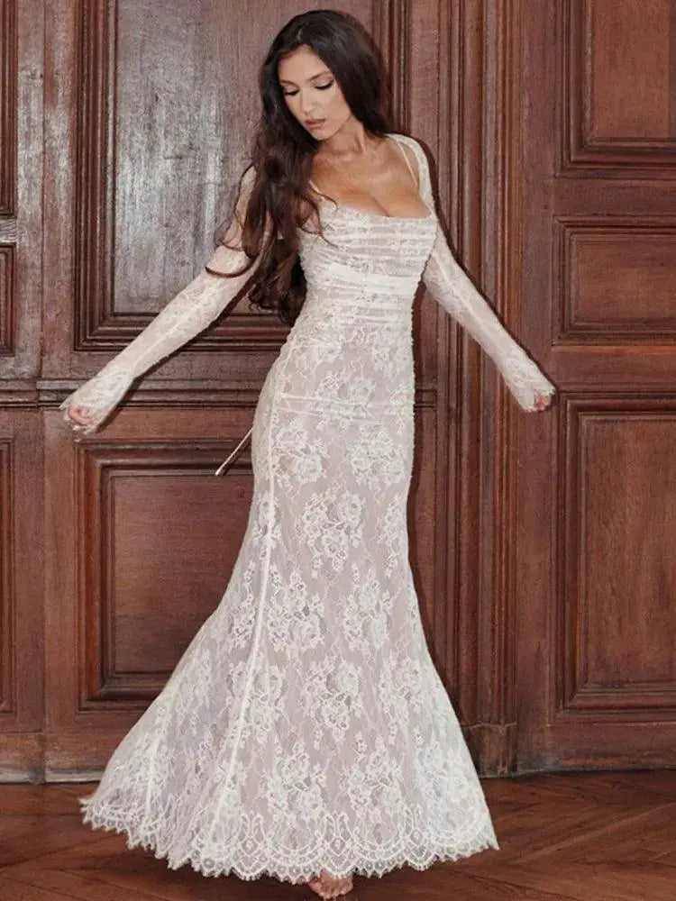 Lace Embroidered Mesh Sling Maxi Dress Party Attire