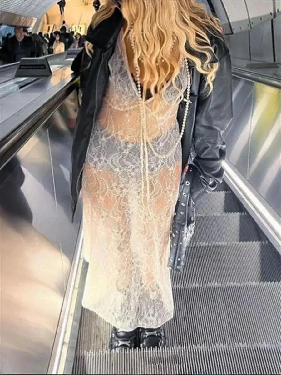 Lace Floral Sheer Tank Dress V Neck Cover Up Women