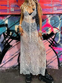 Lace Floral Sheer Tank Dress Elegant V-Neck Cover-Up Women