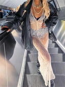 Lace Floral Sheer Tank Dress Elegant V-Neck Cover-Up Women