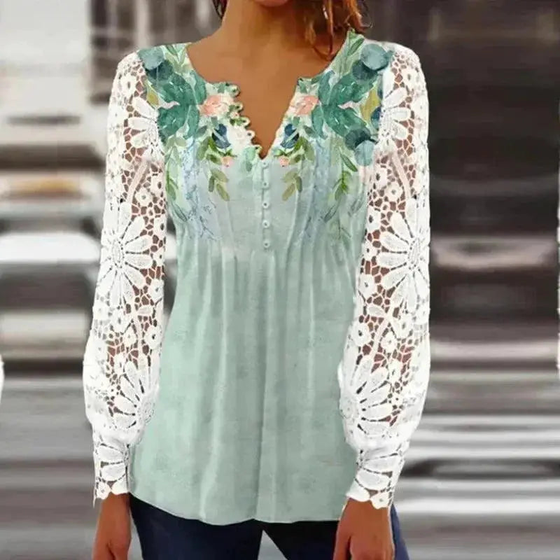 Lace Pleated V Neck Blouse Hollow Button Shirt For Women