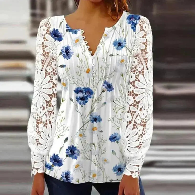 Lace Pleated V Neck Blouse Hollow Button Shirt For Women