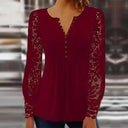 Lace Pleated V Neck Blouse Hollow Button Shirt For Women