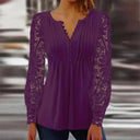Lace Pleated V Neck Blouse Hollow Button Shirt For Women
