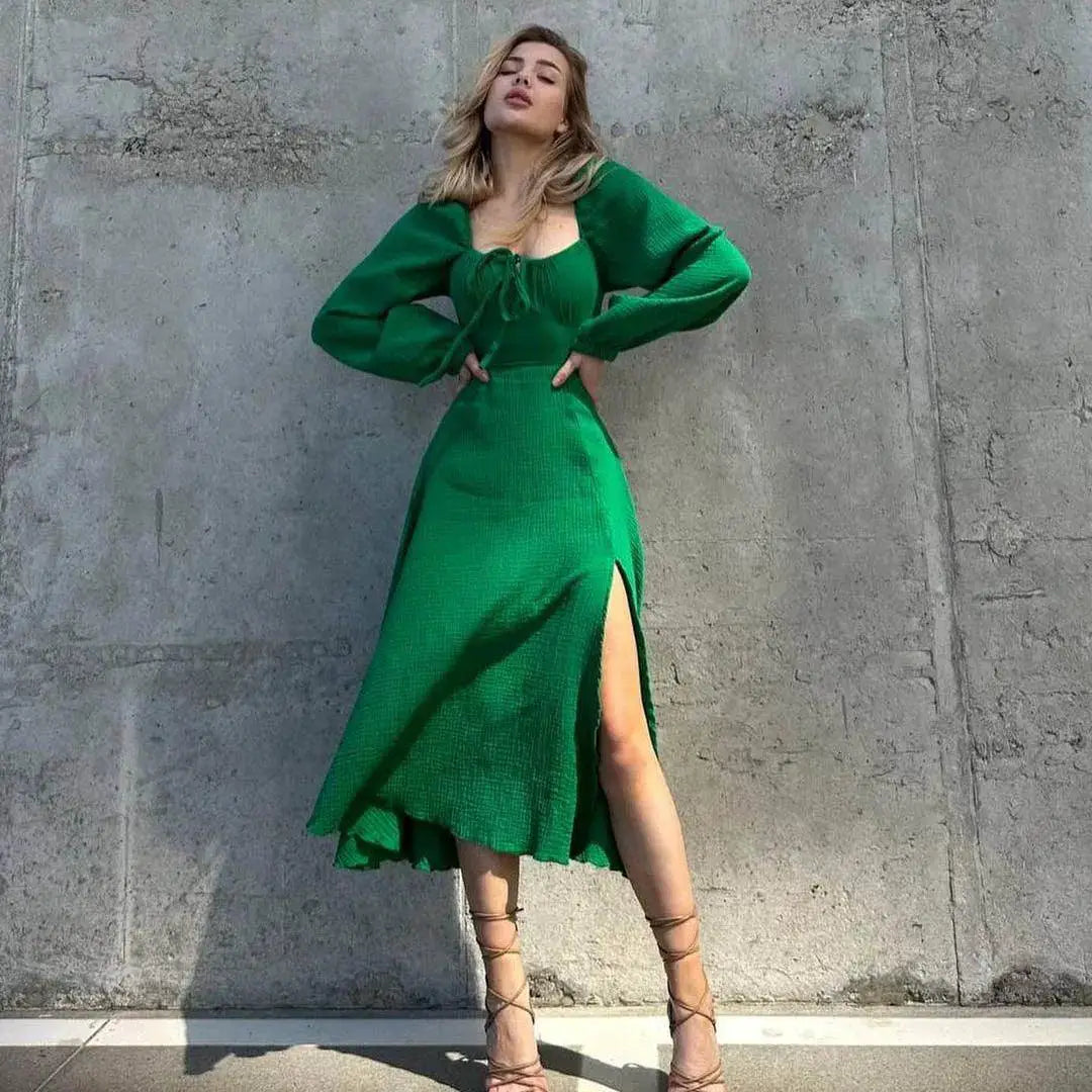 Lace Up Square Collar Sexy Midi Dress Autumn Femme Fashion