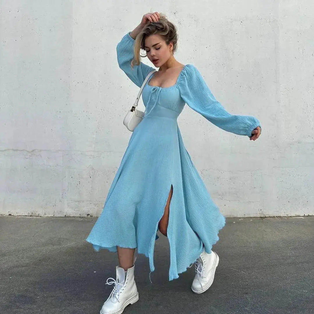 Lace Up Square Collar Sexy Midi Dress Autumn Femme Fashion
