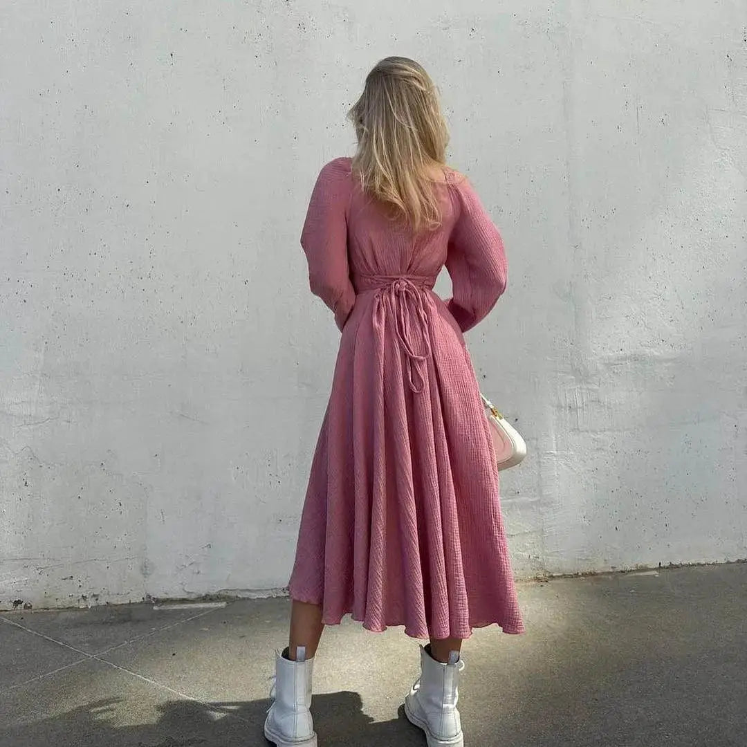 Lace Up Square Collar Sexy Midi Dress Autumn Femme Fashion