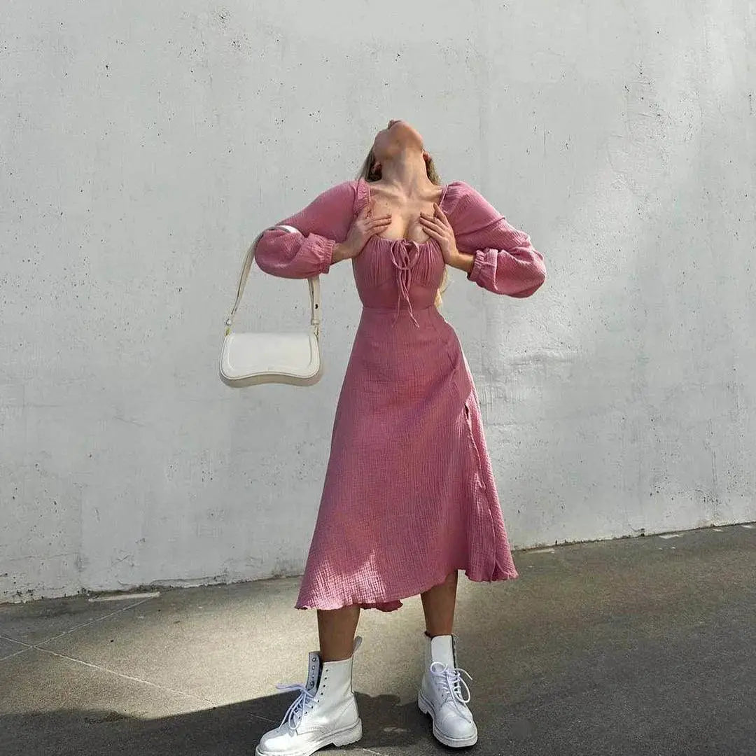 Lace Up Square Collar Sexy Midi Dress Autumn Femme Fashion