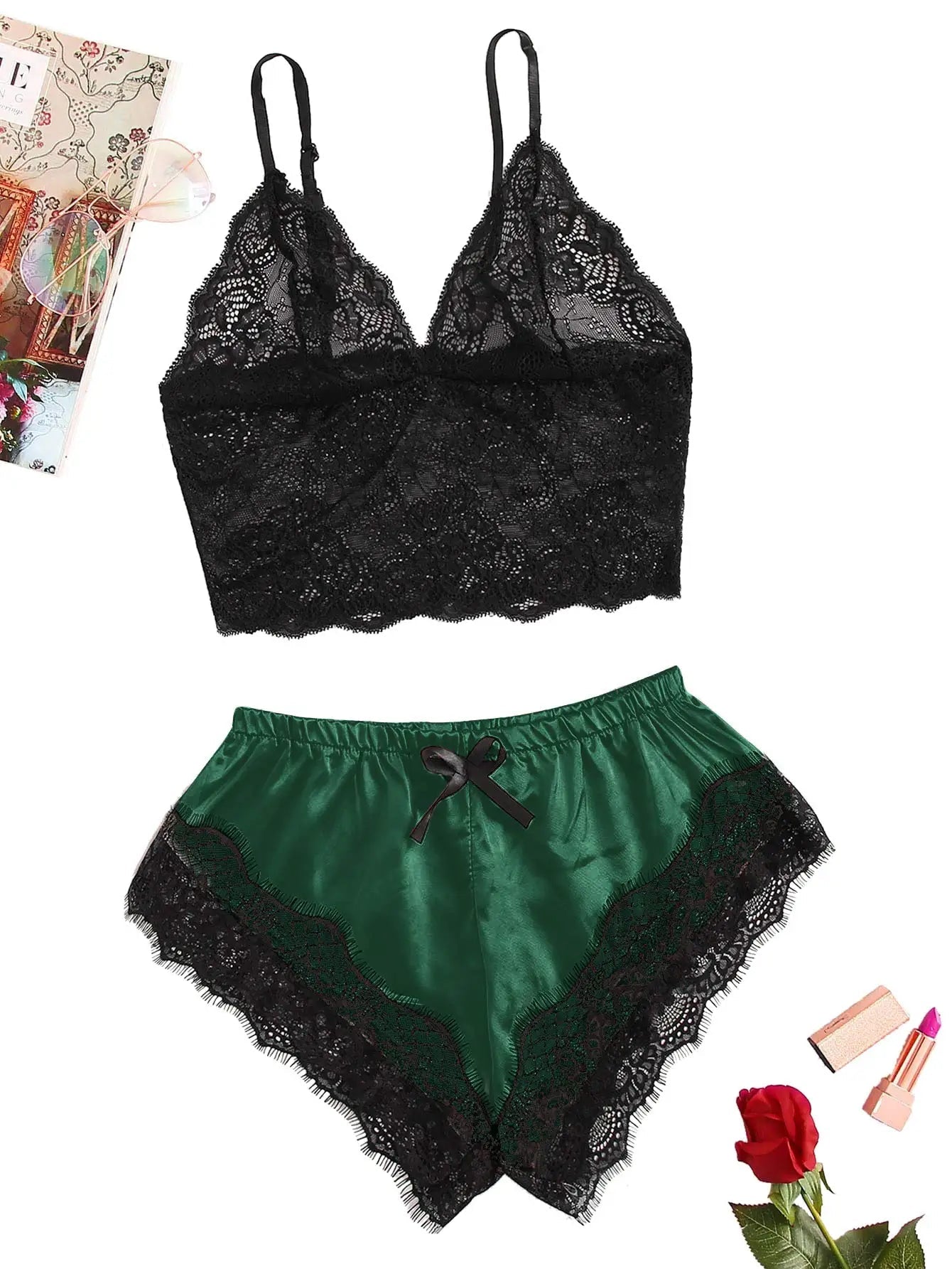 LaceLuxe See Through Bralette Cami Top And Shorts Set Plus - Breathable Nightie