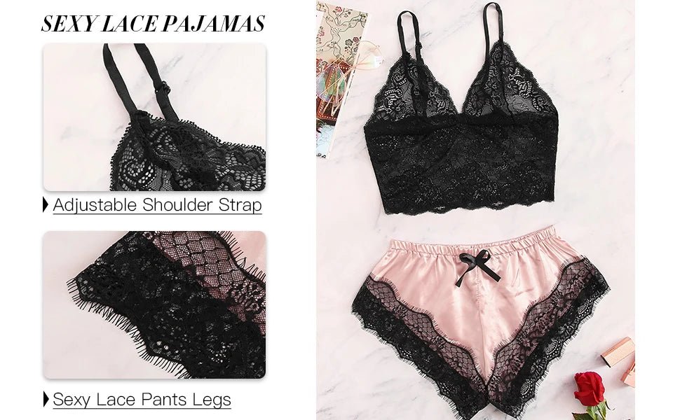 LaceLuxe See Through Bralette Cami Top And Shorts Set Plus - Breathable Nightie