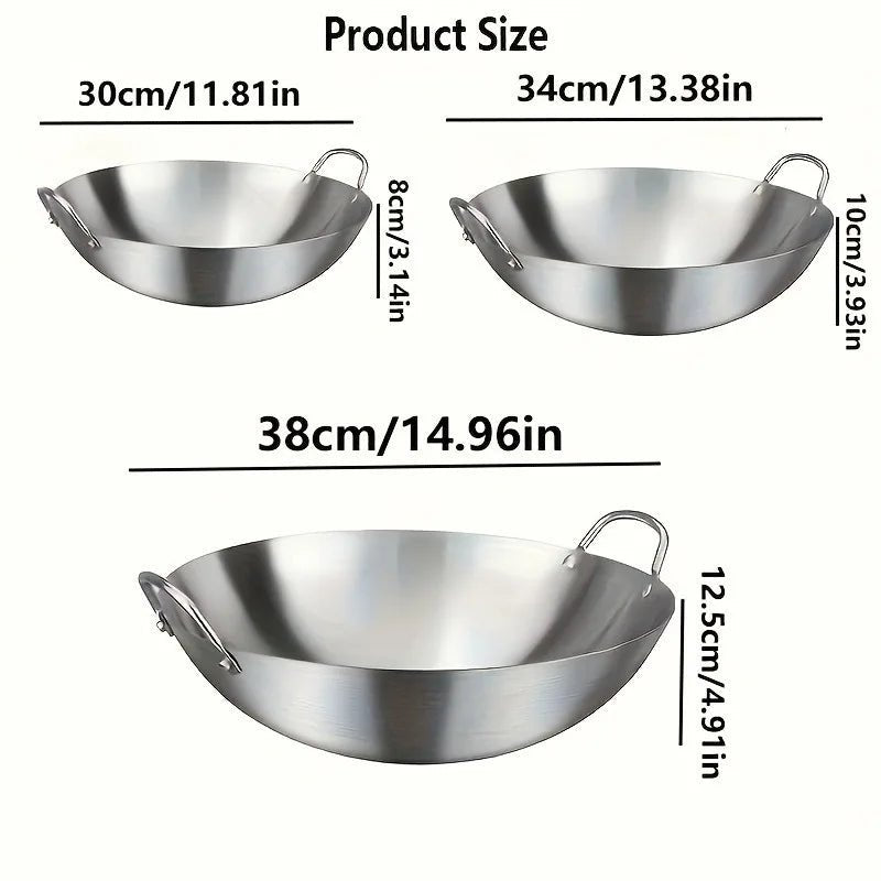 Large Uncoated Thick Stainless Steel Wok With Two Handles For Commercial Kitchen