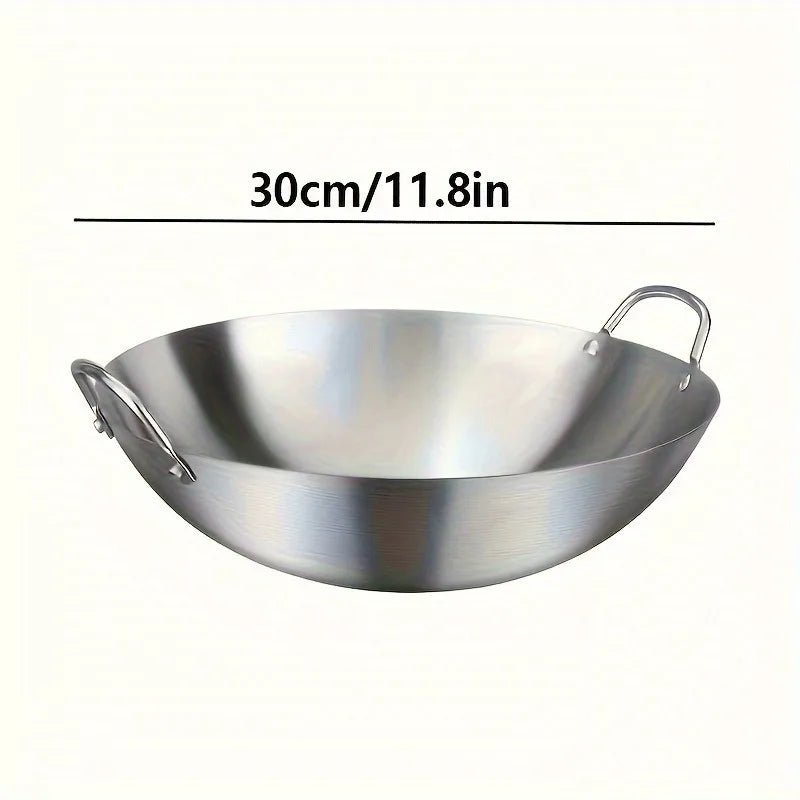 Large Uncoated Thick Stainless Steel Wok With Two Handles For Commercial Kitchen