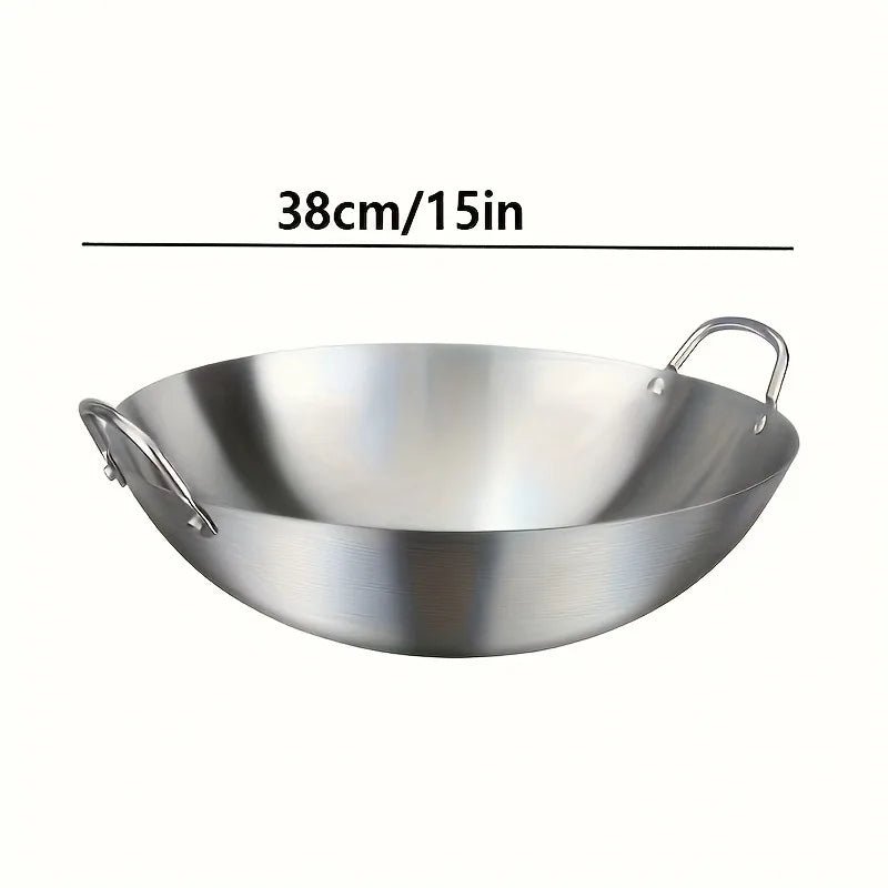 Large Uncoated Thick Stainless Steel Wok With Two Handles For Commercial Kitchen
