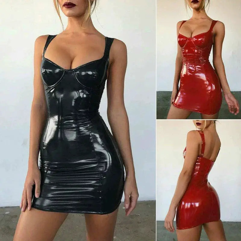 Latex Faux Leather Party Dress Sleek Sleeveless Clubwear