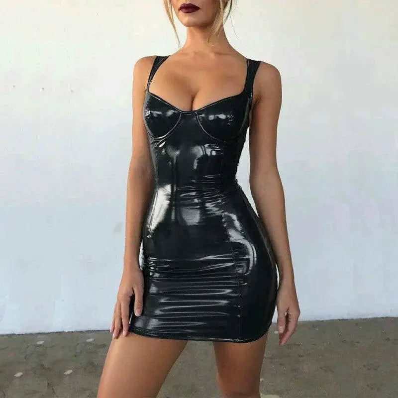 Latex Faux Leather Party Dress Sleek Sleeveless Clubwear
