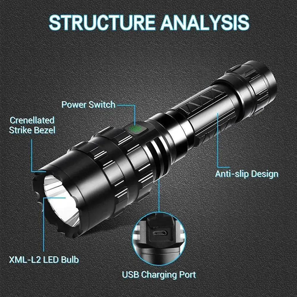 LED Tactical Hunting Flashlight USB Rechargeable Torch