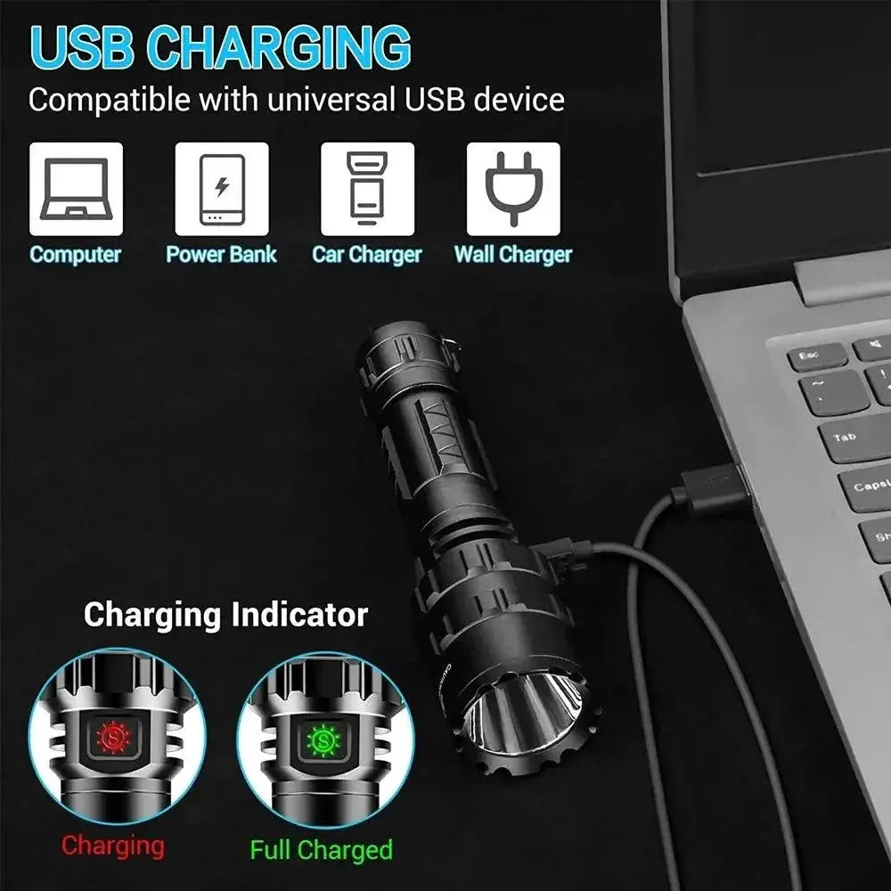 LED Tactical Hunting Flashlight USB Rechargeable Torch