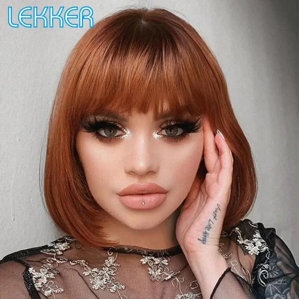 Lekker Brown Ombre Bob Wig Brazilian Remy Hair With Bangs