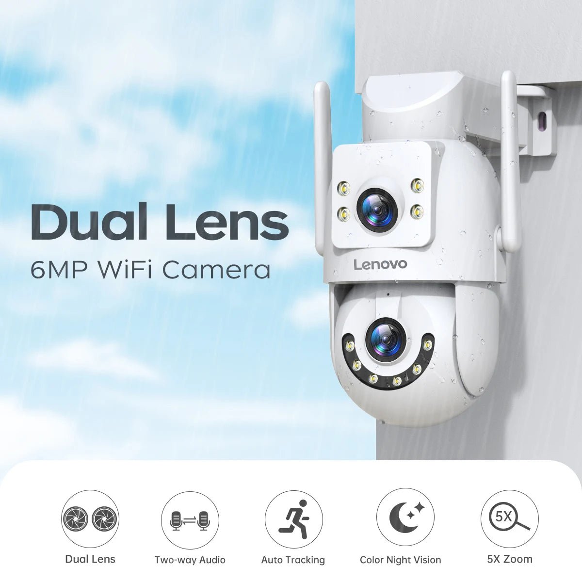 Lenovo 4K Dual Lens Outdoor PTZ WiFi Surveillance Camera - Auto Tracking Security
