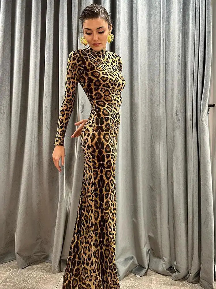 Leopard Print Dress High Collar Fashion 2024 Party