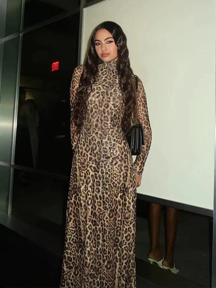 Leopard Print Dress High Collar Fashion 2024 Party