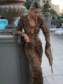 Leopard Print Halter Maxi Dress Elegant Lace Gown 2023