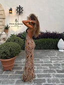 Leopard Print Halter Maxi Dress Elegant Lace Gown 2023