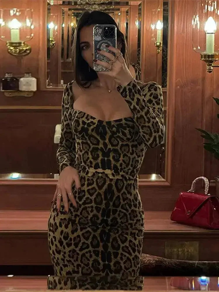 Leopard Print Maxi Dress Elegant Party Gown With Sequins