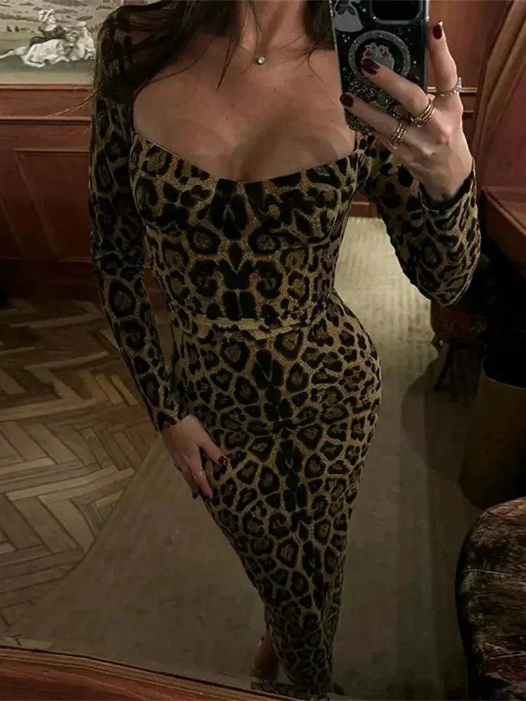 Leopard Print Maxi Dress Elegant Party Gown With Sequins