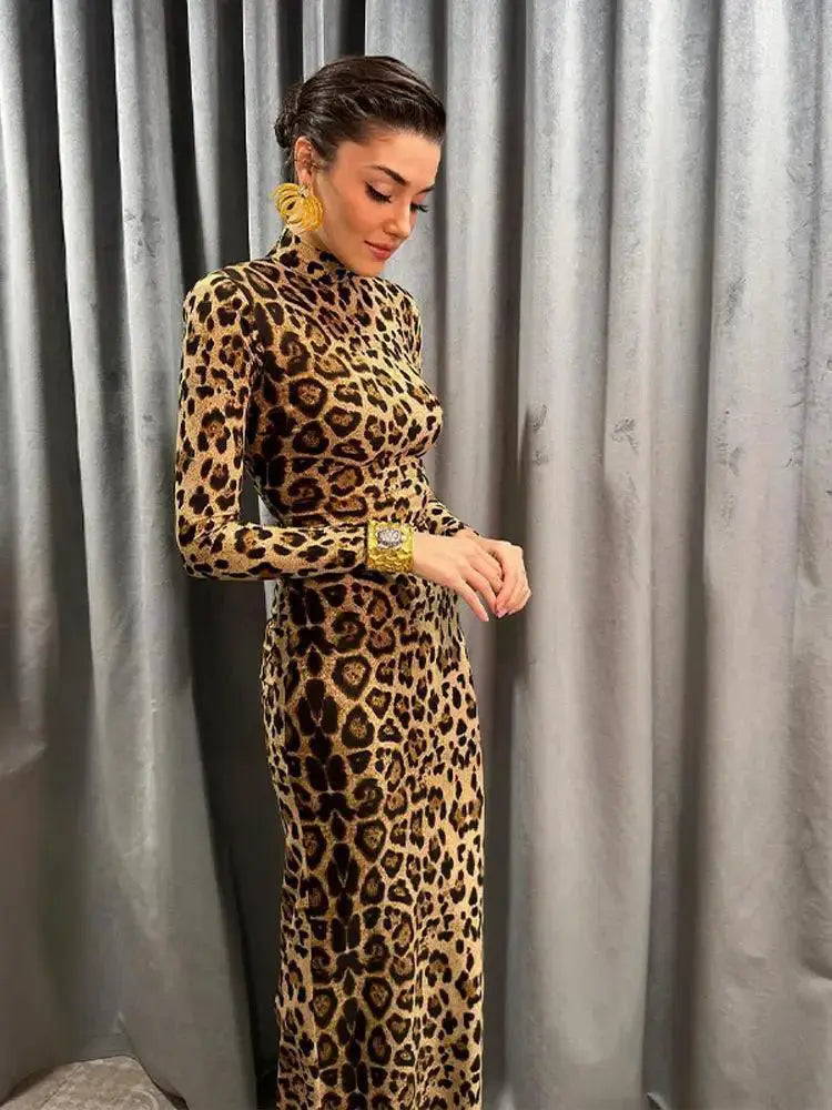 Leopard Print Maxi Dress Elegant Party Gown With Sequins