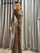 Leopard Print Maxi Dress: Elegant Party Gown with Sequins