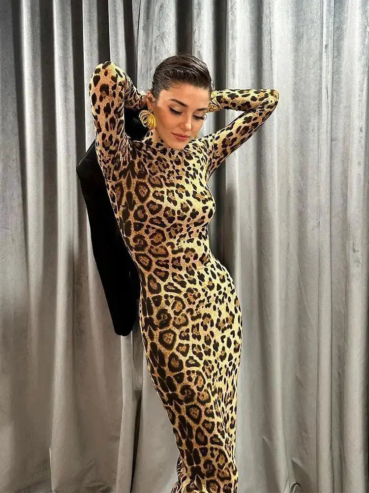 Leopard Print Maxi Dress Elegant Party Gown With Sequins