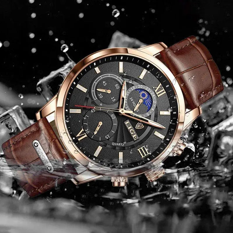 LIGE Chronograph Mens Leather Quartz Watch Luxury Timepiece