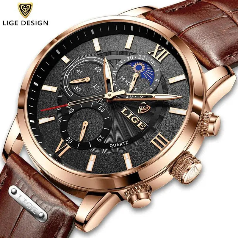 LIGE Chronograph Mens Leather Quartz Watch Luxury Timepiece