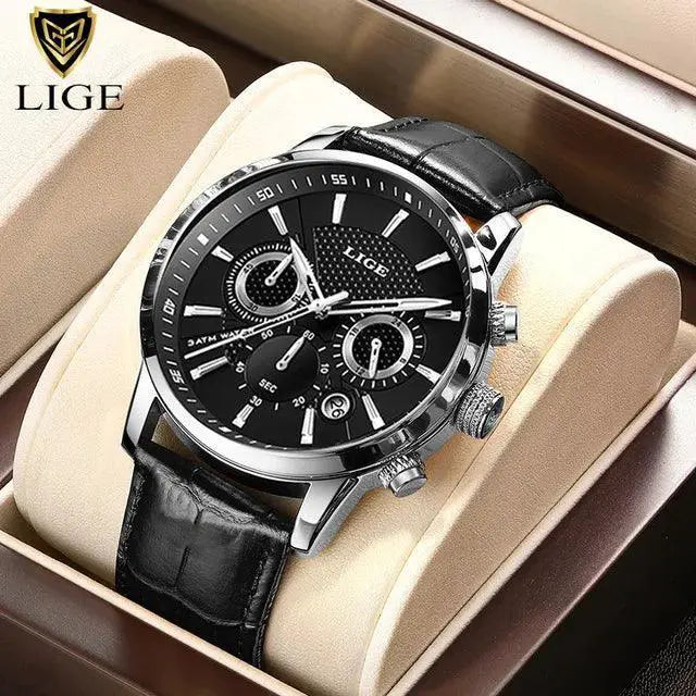 LIGE Chronograph Mens Leather Quartz Watch Luxury Timepiece