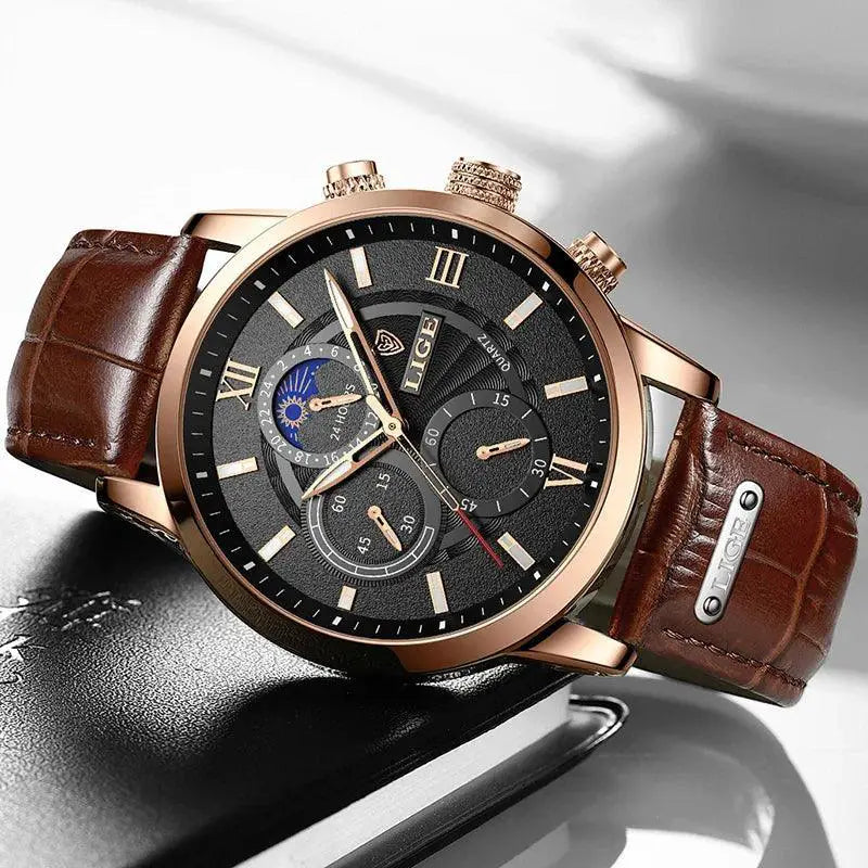 LIGE Chronograph Mens Leather Quartz Watch Luxury Timepiece