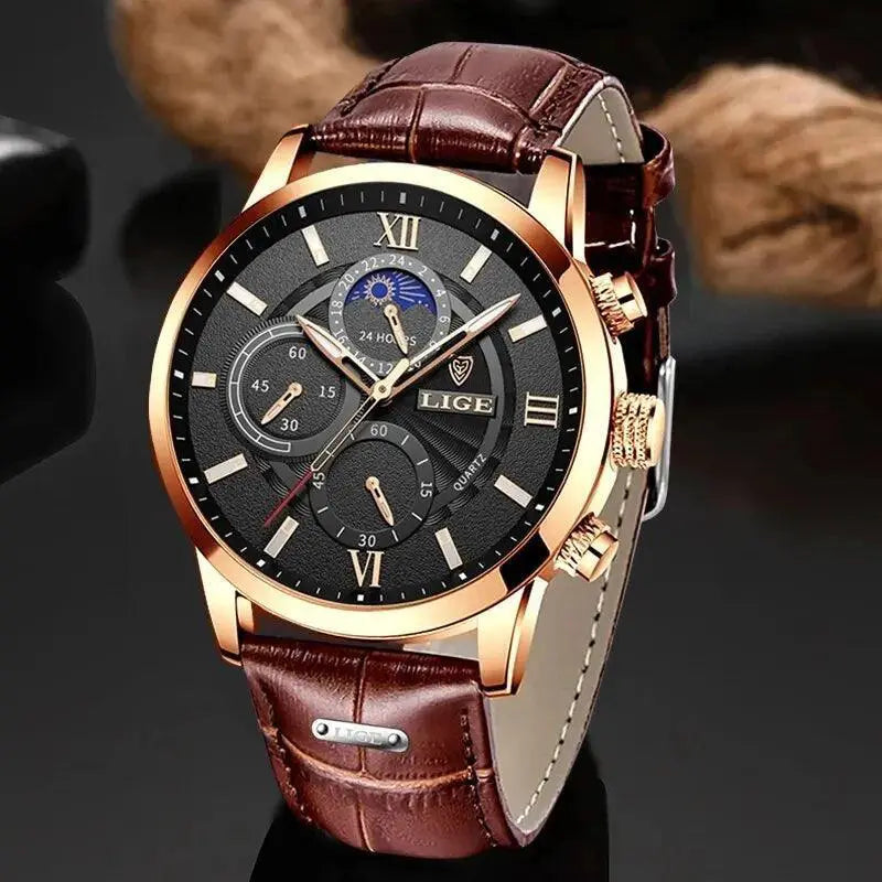 LIGE Mens Leather Chronograph Watch Luxury Timepiece