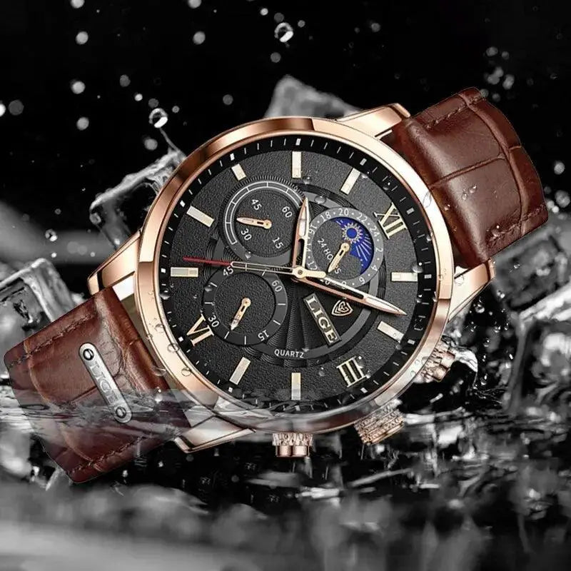LIGE Mens Leather Chronograph Watch Luxury Timepiece