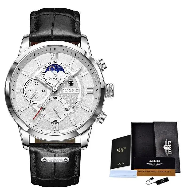 LIGE Mens Leather Chronograph Watch Luxury Timepiece