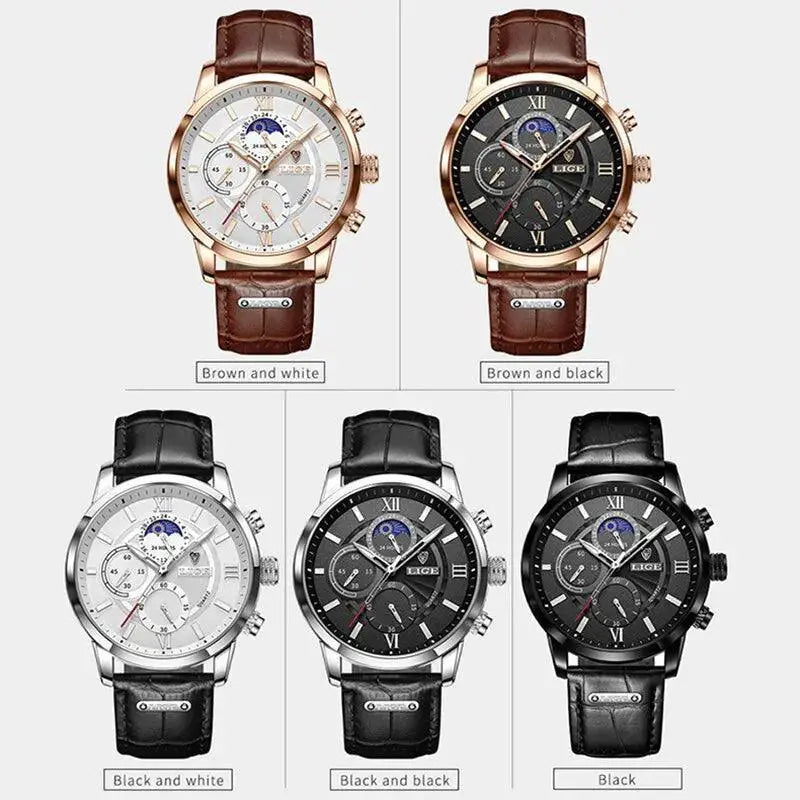 LIGE Mens Leather Chronograph Watch Luxury Timepiece