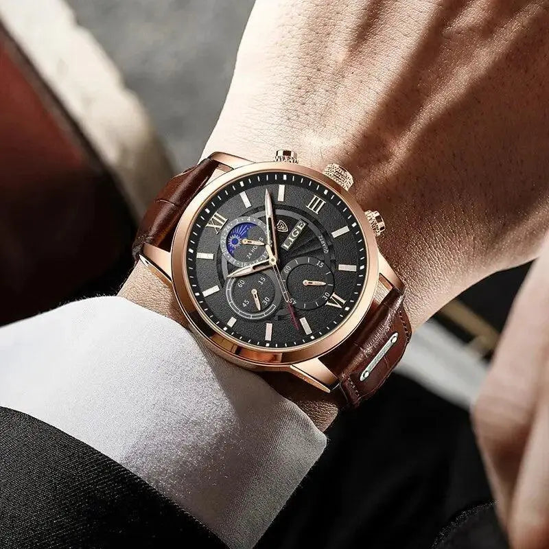 LIGE Mens Leather Chronograph Watch Luxury Timepiece