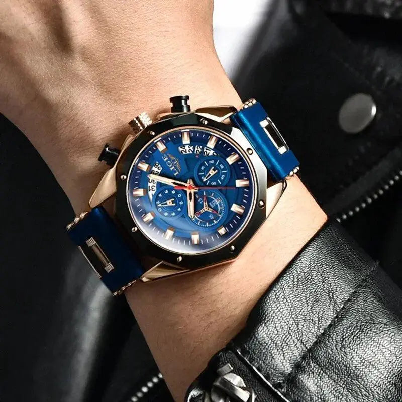 LIGE Men's Waterproof Chronograph Sport Watch Silicone Strap - OurLum.com