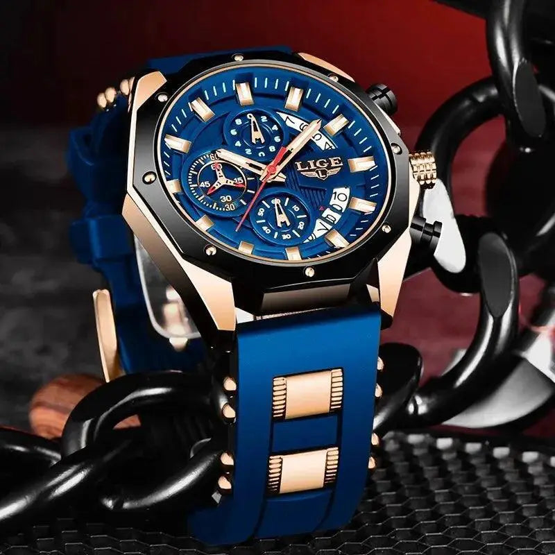LIGE Men's Waterproof Chronograph Sport Watch Silicone Strap - OurLum.com