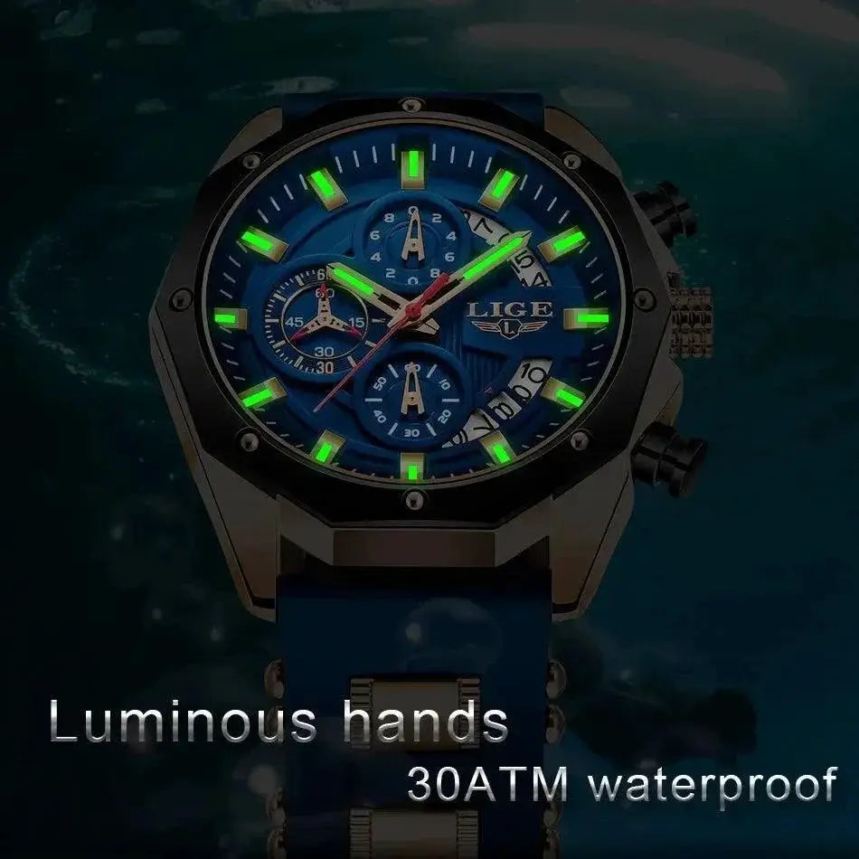 LIGE Men's Waterproof Chronograph Sport Watch Silicone Strap - OurLum.com