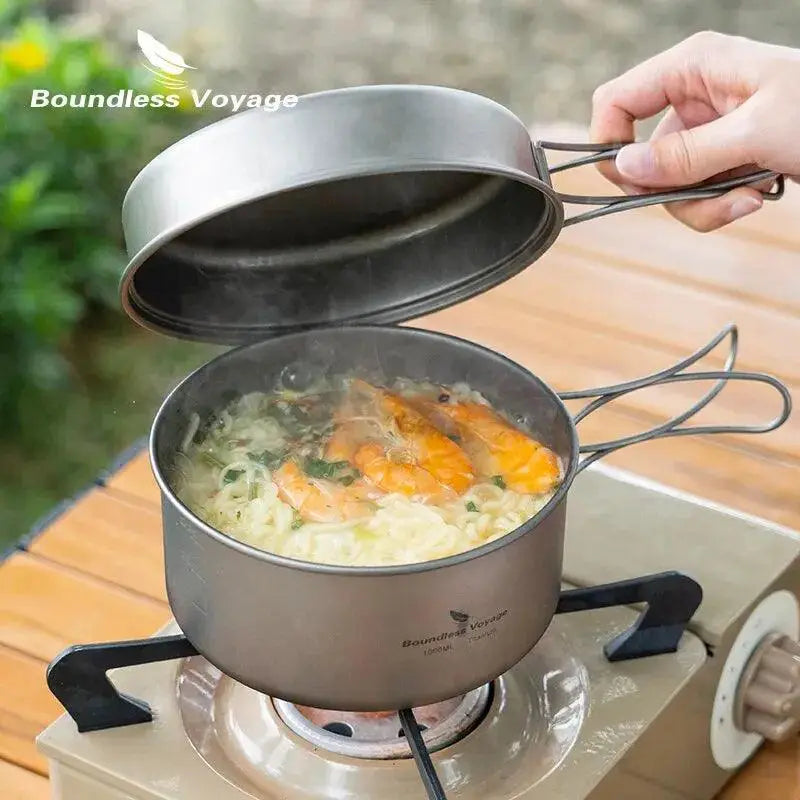 Camping Cookware Set Lightweight Titanium Folding Handles