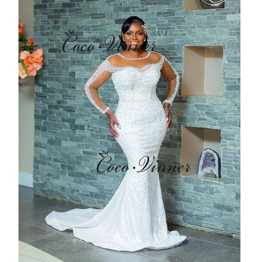 Limited Illusion Sleeves Luxury 2 in 1 Mermaid Wedding Dress With Pearl Beading
