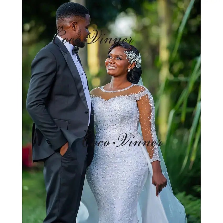 Limited Illusion Sleeves Luxury 2 in 1 Mermaid Wedding Dress With Pearl Beading