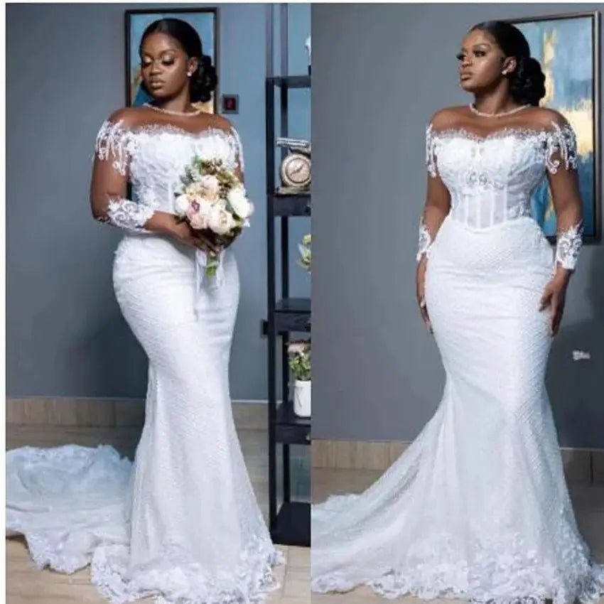 Long Sleeve Mermaid African Wedding Dress Dream Sheer Neck 2026 Bride