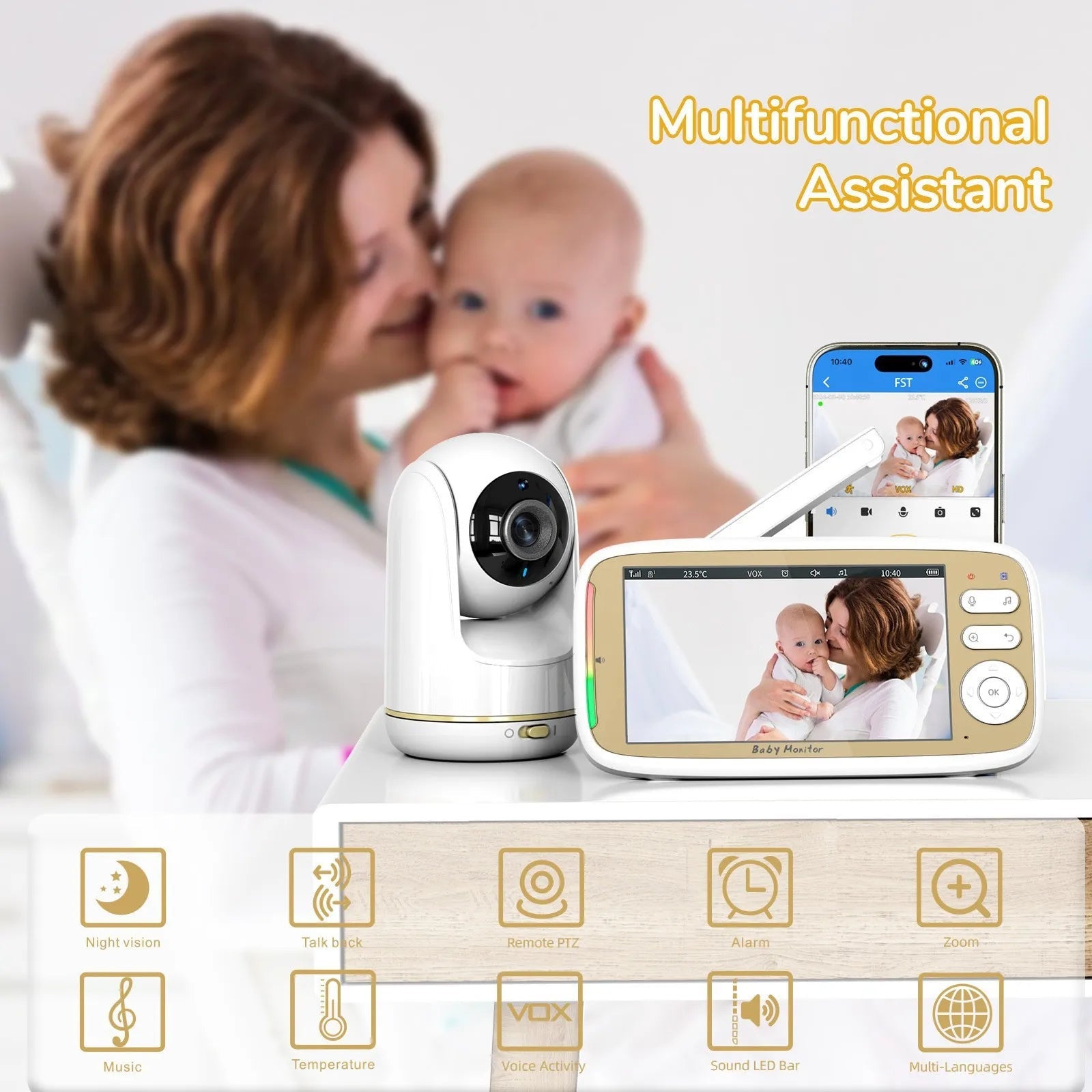 LumiBaby 5Inch Baby Monitor 3x Zoom PTZ Cam App And Dual Control - Night Vision.